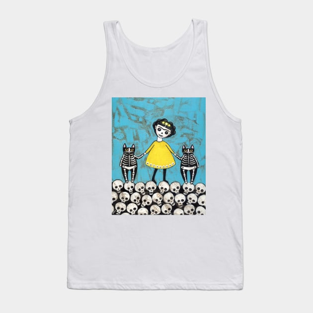 Yellow Skellie Cats Day of the Dead Tank Top by KilkennyCat Art